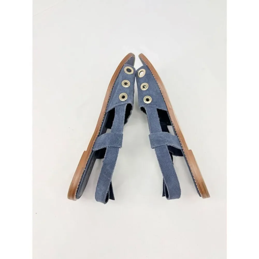 J. Crew Blue Suede Leather Gold Grommet Slingback Nautical Flat Sandals